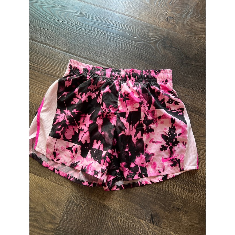 Nike Dri-FIT Women XL Running Shorts Pink Black Floral Abstract Mesh Athletic